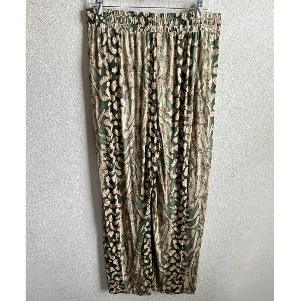 Lascana Green High Rise Wide Leg Flowy Pants Women's 14 All Over Print Modest